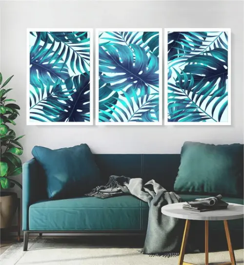 3 Quadros Decorativos Folhagem Azul Costela De Adão Moldura