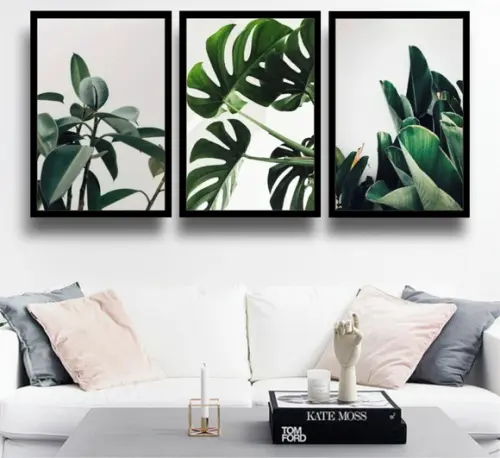 3 Quadros Decorativos Folhagens Verdes Costela Adão Molduras