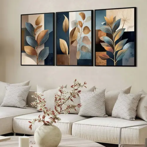 3 Quadros Decorativos Folhas Moderno Luxo com Moldura Vidro