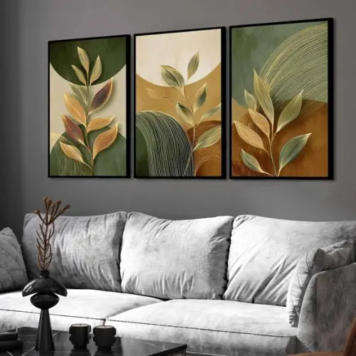 3 Quadros Decorativos Folhas Moderno Luxo com Moldura Vidro