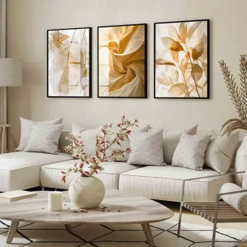 3 Quadros Decorativos Folhas Nude Bege Claro Moldura e Vidro