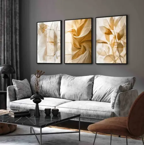 3 Quadros Decorativos Folhas Nude Bege Claro Moldura e Vidro