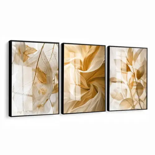 3 Quadros Decorativos Folhas Nude Bege Claro Moldura e Vidro
