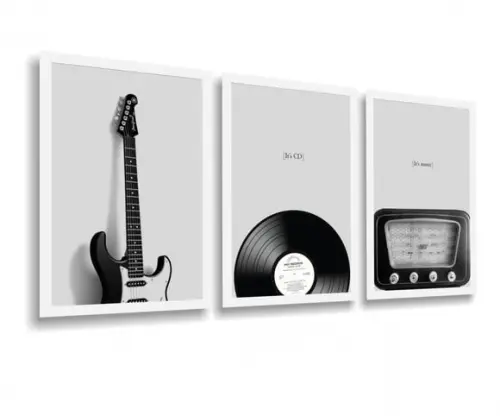 3 Quadros Decorativos Guitarra Vinil Radio Vintage Moldura