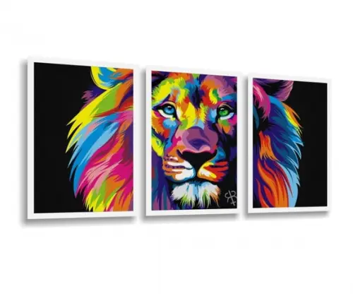 3 Quadros Decorativos Leão De Judá Colorido Conjunto Moldura