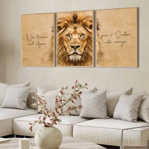 3 Quadros Decorativos Leão de Judá Fé Salmo Moldura Vidro