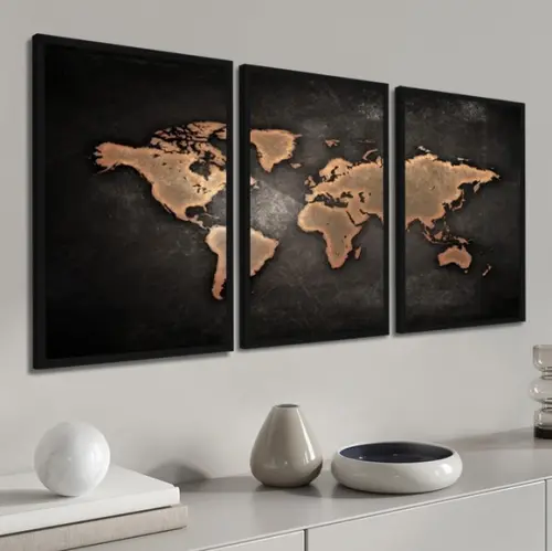 3 Quadros Decorativos Mapa Mundi Escritório Moldura Vidro
