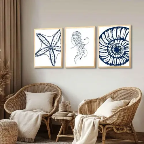 3 Quadros Decorativos Mar Paisagem Moderno Moldura Vidro