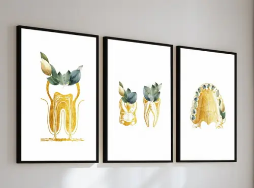 3 Quadros Decorativos Odontologia Consultório Dourado Vidro