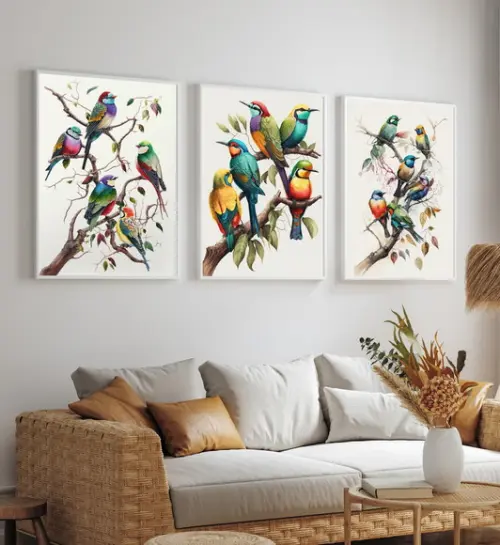 3 Quadros Decorativos Pássaros Coloridos Modernos Moldura