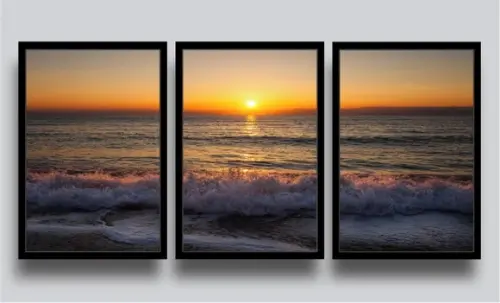 3 Quadros Decorativos Praia Mar Pôr Do Sol Oceano Moldura