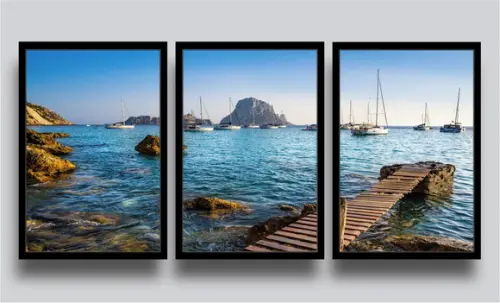 3 Quadros Decorativos Praia Deck Litoral Conjunto Moldura