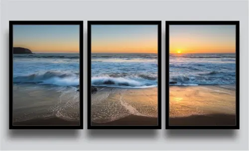 3 Quadros Decorativos Praia Por Do Sol Mar Conjunto Moldura