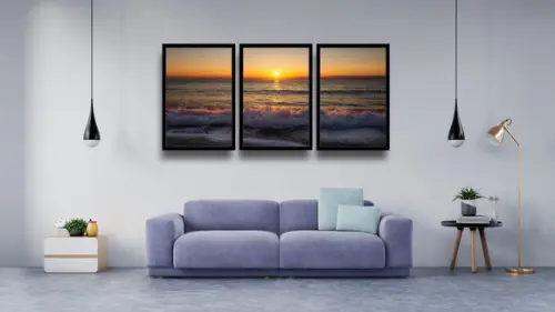 3 Quadros Decorativos Praia Mar Pôr Do Sol Oceano Moldura