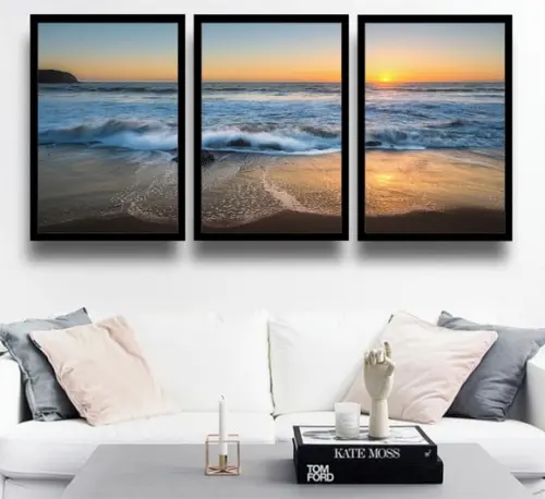3 Quadros Decorativos Praia Por Do Sol Mar Conjunto Moldura