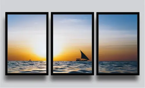 3 Quadros Decorativos Praia Veleiro Barco Por Do Sol Moldura