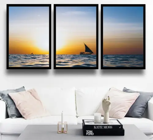 3 Quadros Decorativos Praia Veleiro Barco Por Do Sol Moldura