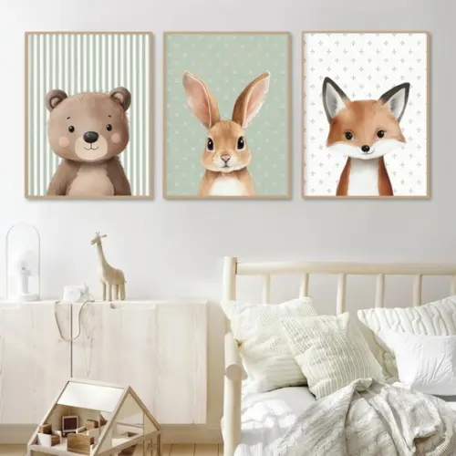3 Quadros Decorativos Quarto Infantil Animais Moldura Vidro