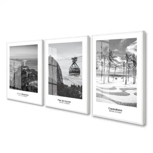 3 Quadros Decorativos Rio de Janeiro Preto e Branco Vidro