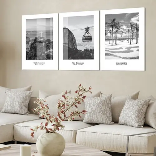3 Quadros Decorativos Rio de Janeiro Preto e Branco Vidro