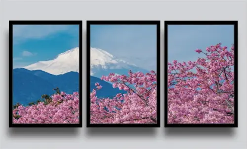 3 Quadros Decorativos Vulcão Flor Cerejeira Paisagem Moldura