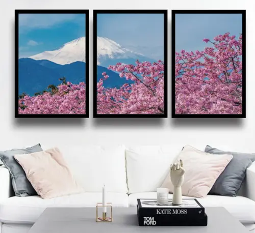 3 Quadros Decorativos Vulcão Flor Cerejeira Paisagem Moldura