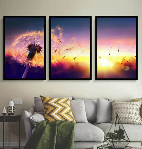 3 Quadros Dente De Leão Flores Decoração Pôr Do Sol Moldura
