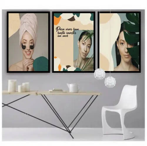3 Quadros Estética Salão Frases Decoração Folhagem Moldura