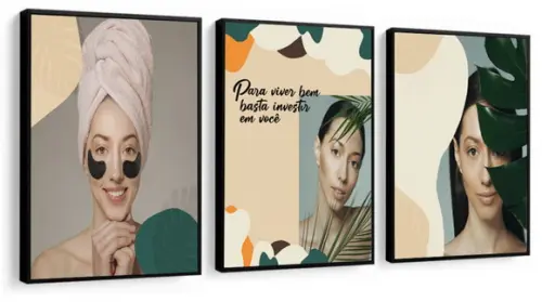 3 Quadros Estética Salão Frases Decoração Folhagem Moldura