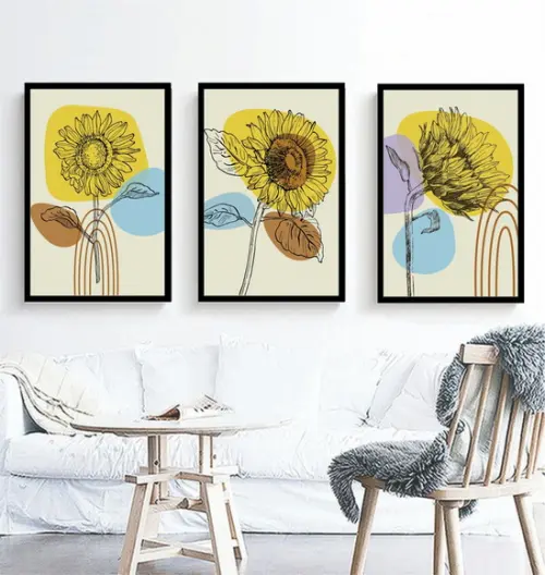 3 Quadros Flores Amarelas Girassol Desenho Decoração Moldura