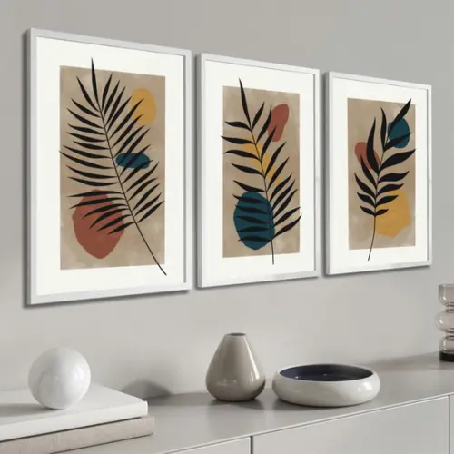 3 Quadros Flores Desenho Botânico Abstrato Decoração Moldura