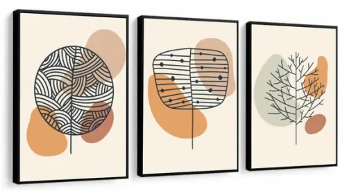 3 Quadros Flores Geométrico Desenho Galhos Decoração Moldura