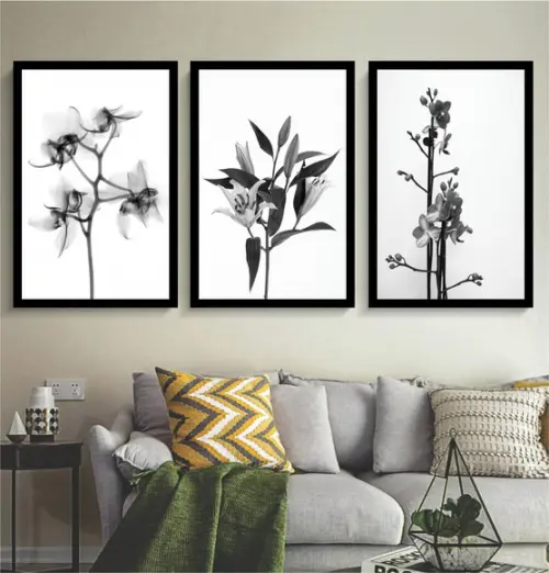 3 Quadros Flores Preto e Branco Conjunto Decoração Molduras