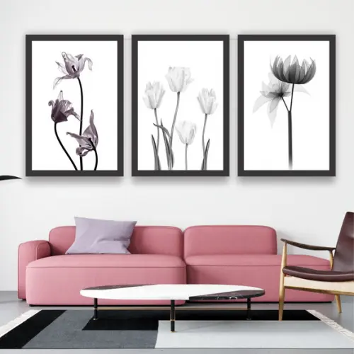 3 Quadros Flores Preto e Branco Botânico Decoração Molduras