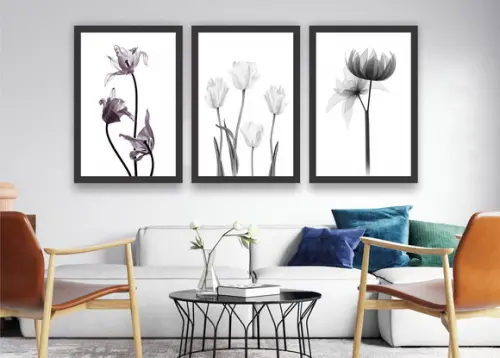 3 Quadros Flores Preto e Branco Botânico Decoração Molduras