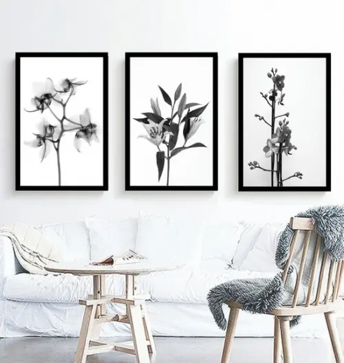 3 Quadros Flores Preto e Branco Conjunto Decoração Molduras
