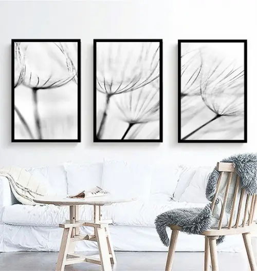 3 Quadros Flores Preto e Branco Decoração Conjunto Molduras