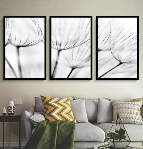 3 Quadros Flores Preto e Branco Decoração Conjunto Molduras