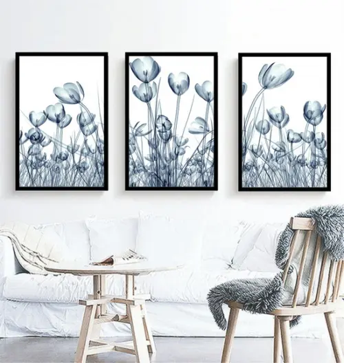 3 Quadros Folhagem Azul Botânico Decoração Conjunto Molduras