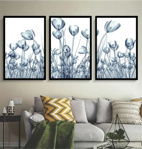 3 Quadros Folhagem Azul Botânico Decoração Conjunto Molduras