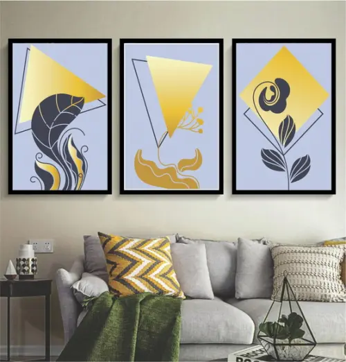 3 Quadros Folhagem Azul E Dourada Decoração Moderno Moldura