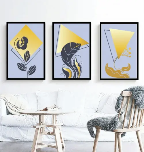 3 Quadros Folhagem Azul E Dourada Decoração Moderno Moldura