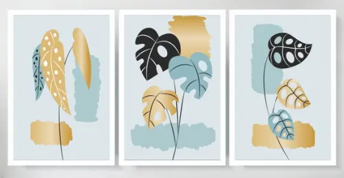 3 Quadros Folhagem Costela Azul Dourada Decoração Moldura