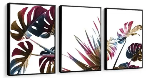 3 Quadros Folhagem Colorida Monstera Decoração Com Molduras