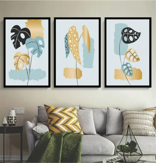 3 Quadros Folhagem Costela Azul Dourada Decoração Moldura