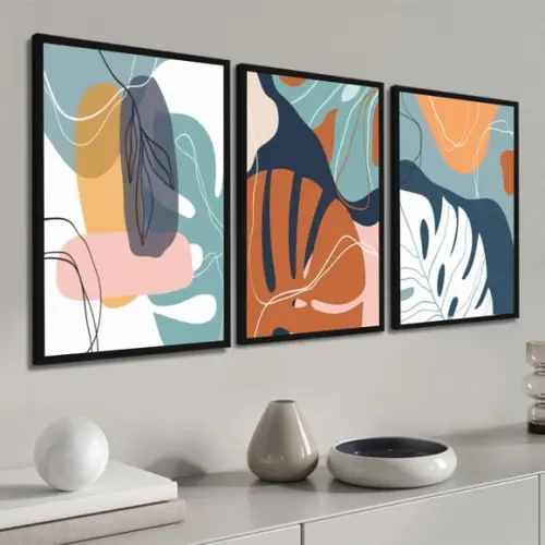 3 Quadros Folhagem Costela de Adão Desenho Decoração Moldura