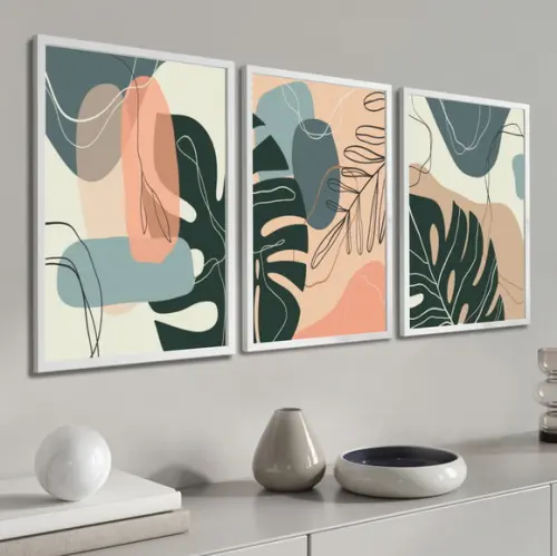 3 Quadros Folhagem Costela de Adão Desenho Decoração Moldura