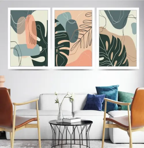 3 Quadros Folhagem Costela de Adão Desenho Decoração Moldura