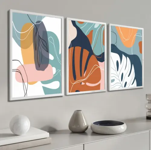 3 Quadros Folhagem Desenho Costela De Adão Decoração Moldura