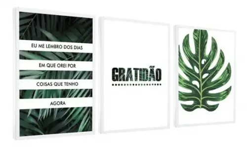 3 Quadros Folhagem Frases Gratidão Decoração Oração Molduras